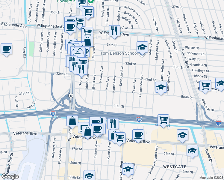 map of restaurants, bars, coffee shops, grocery stores, and more near 3044 Kansas Avenue in Kenner