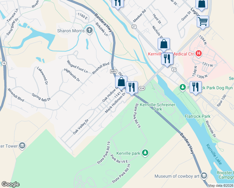 map of restaurants, bars, coffee shops, grocery stores, and more near 2219 Aurora Drive in Kerrville