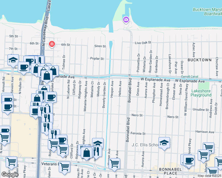 map of restaurants, bars, coffee shops, grocery stores, and more near 1209 Beverly Garden Drive in Metairie