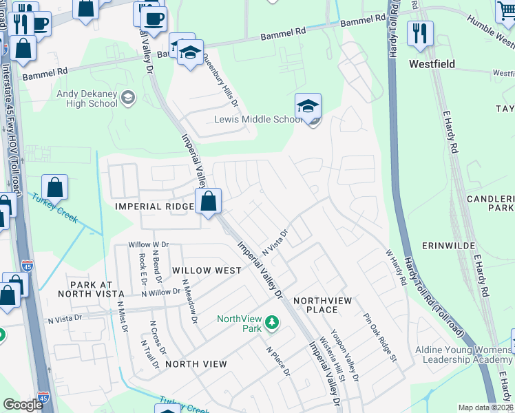 map of restaurants, bars, coffee shops, grocery stores, and more near Southford Ridge Lane in Houston