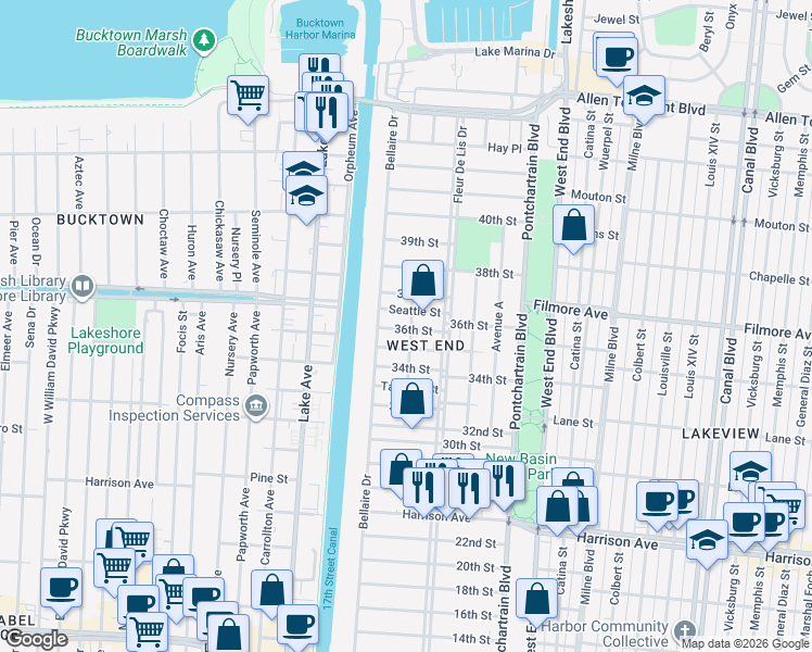 map of restaurants, bars, coffee shops, grocery stores, and more near 407 36th Street in New Orleans