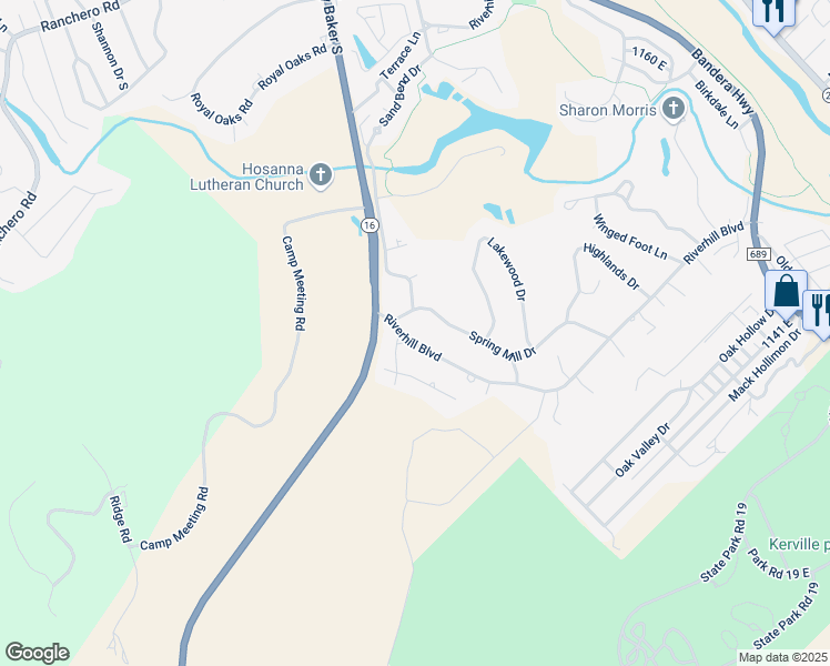 map of restaurants, bars, coffee shops, grocery stores, and more near 204 Riverhill Boulevard in Kerrville