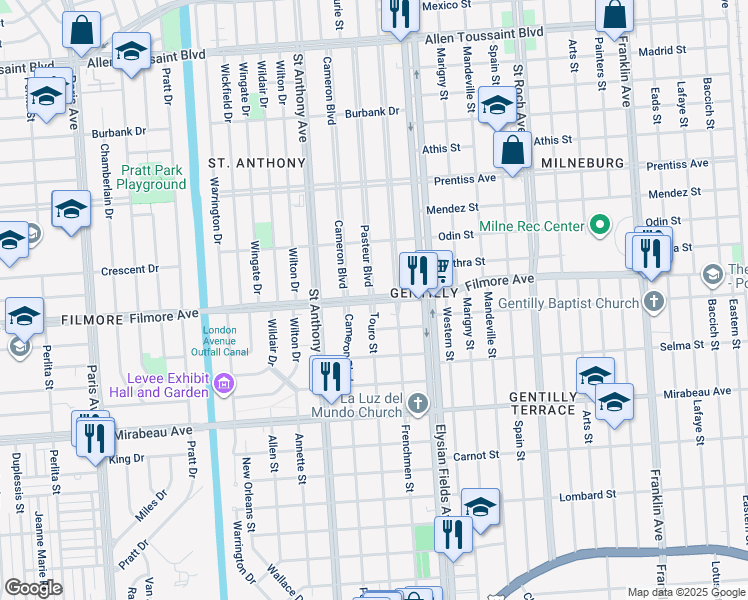 map of restaurants, bars, coffee shops, grocery stores, and more near 5240 Pasteur Boulevard in New Orleans