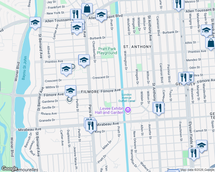 map of restaurants, bars, coffee shops, grocery stores, and more near 5350 Charlotte Drive in New Orleans