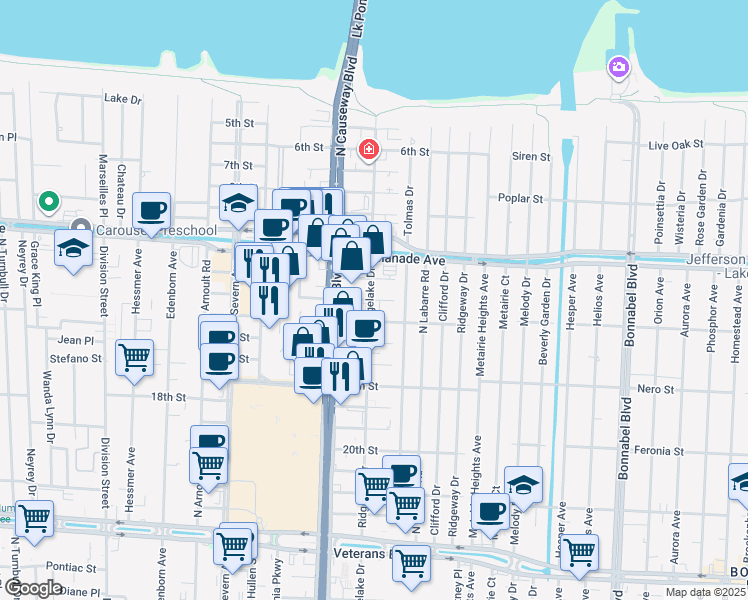 map of restaurants, bars, coffee shops, grocery stores, and more near 3012 Melvil Dewey Drive in Metairie