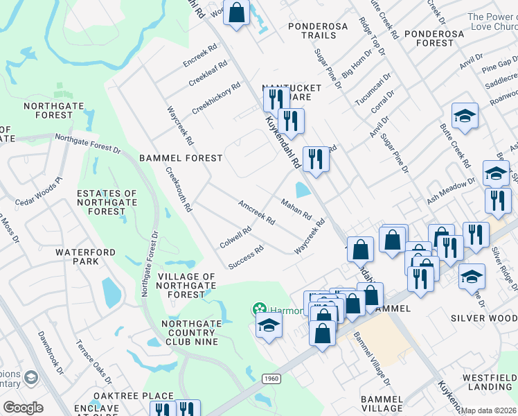 map of restaurants, bars, coffee shops, grocery stores, and more near 16403 Amcreek Road in Houston