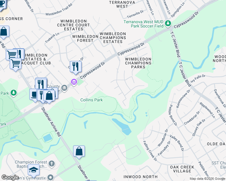 map of restaurants, bars, coffee shops, grocery stores, and more near 6515 Fraser Point Court in Spring