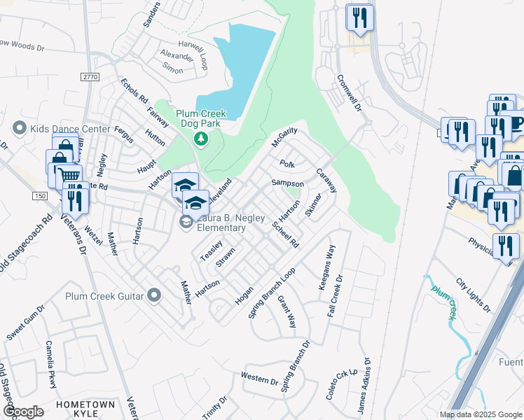 map of restaurants, bars, coffee shops, grocery stores, and more near 752 Scheel Road in Kyle