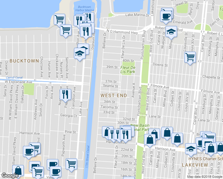 map of restaurants, bars, coffee shops, grocery stores, and more near 6572 Center Street in New Orleans