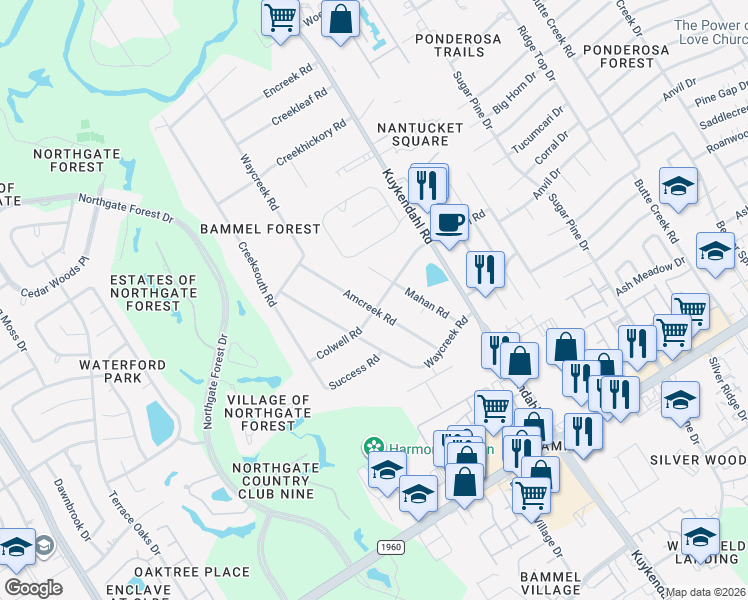 map of restaurants, bars, coffee shops, grocery stores, and more near 16403 Amcreek Road in Houston
