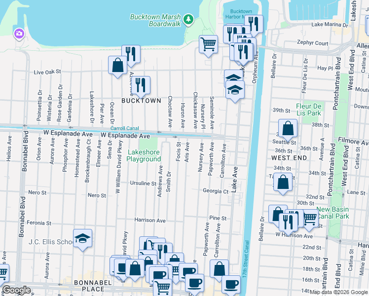 map of restaurants, bars, coffee shops, grocery stores, and more near 1441 Aris Avenue in Metairie