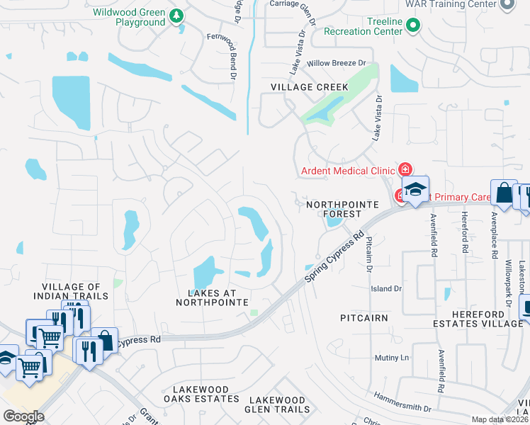 map of restaurants, bars, coffee shops, grocery stores, and more near 14411 Lakepointe Bend Lane in Cypress