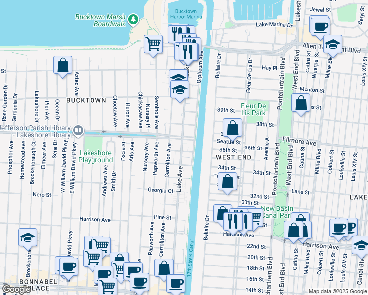 map of restaurants, bars, coffee shops, grocery stores, and more near 1441 Lake Avenue in Metairie