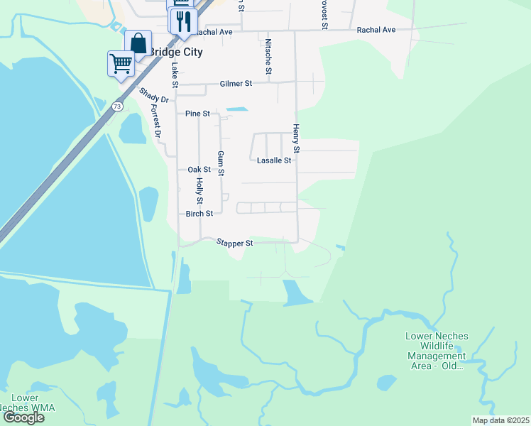map of restaurants, bars, coffee shops, grocery stores, and more near 309 Park Dr in Bridge City