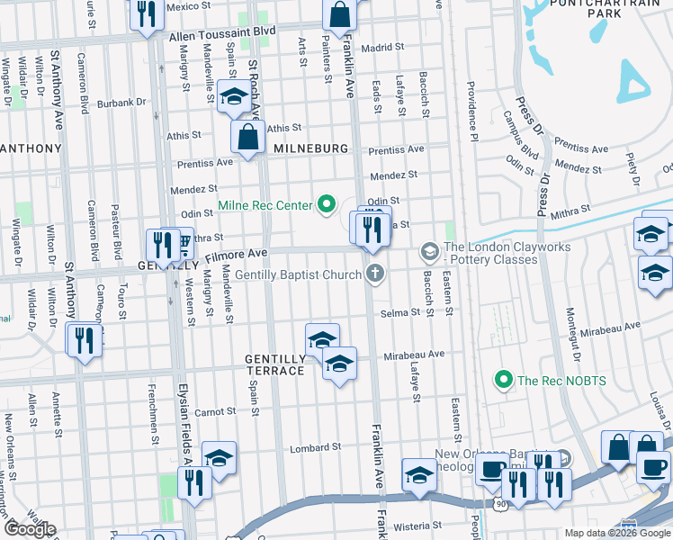 map of restaurants, bars, coffee shops, grocery stores, and more near 2512 Dreux Avenue in New Orleans