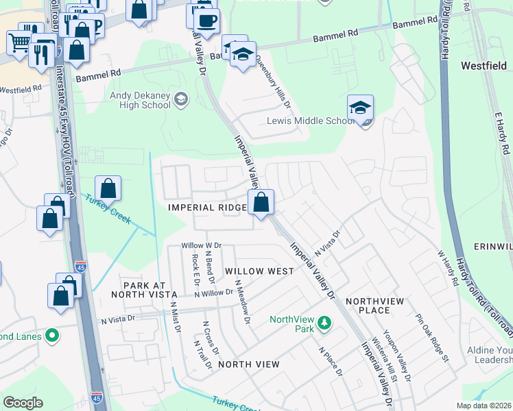 map of restaurants, bars, coffee shops, grocery stores, and more near 16826 Kinney Point Lane in Houston