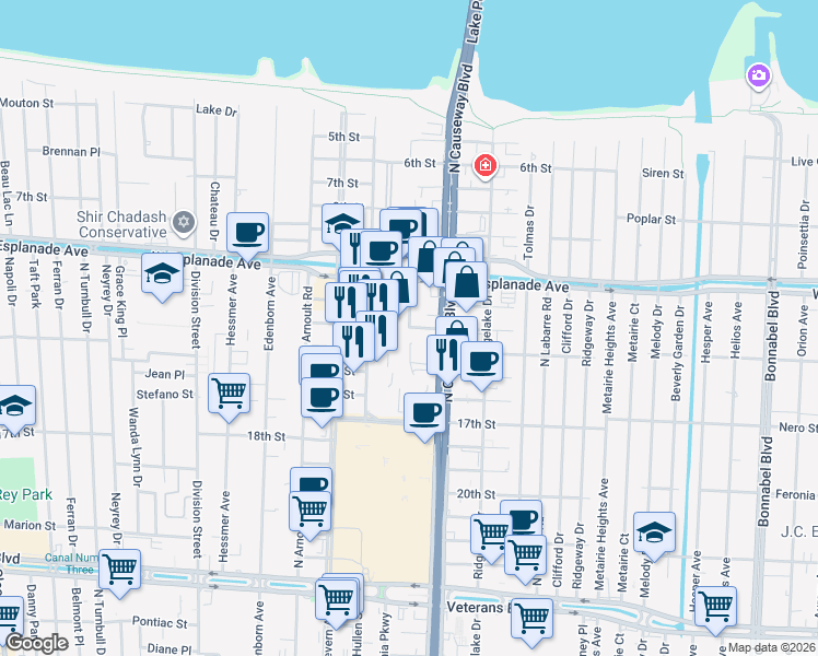 map of restaurants, bars, coffee shops, grocery stores, and more near 3298 Melvil Dewey Drive in Metairie