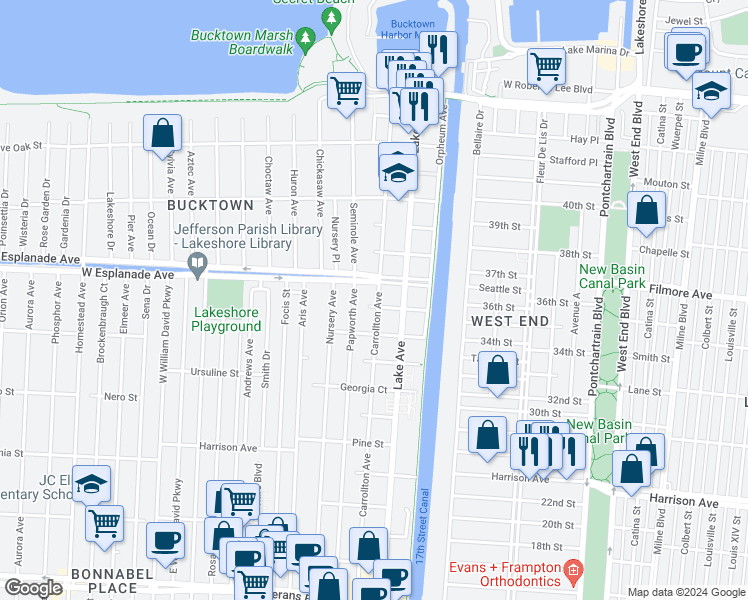 map of restaurants, bars, coffee shops, grocery stores, and more near 1448 Carrollton Avenue in Metairie