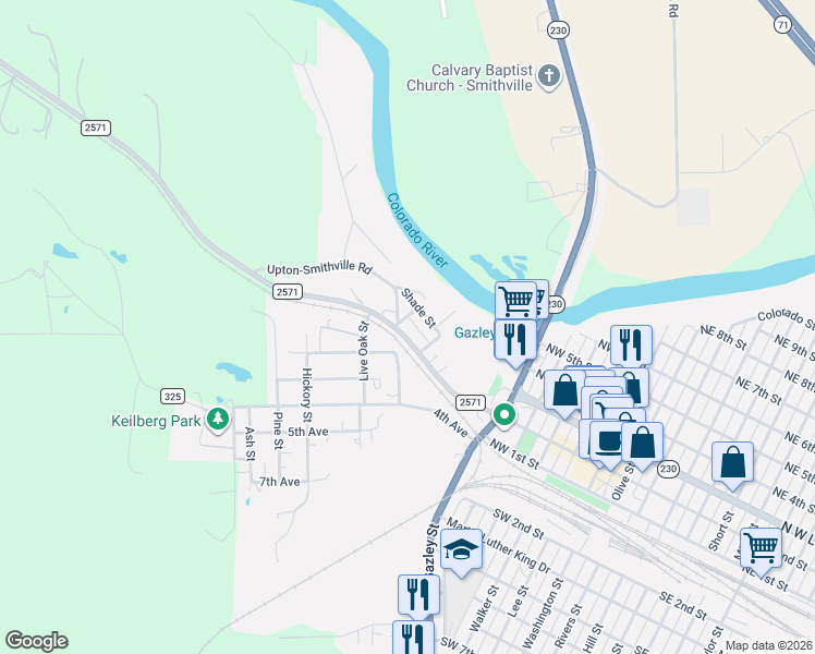 map of restaurants, bars, coffee shops, grocery stores, and more near 146 Farm to Market Road 2571 in Smithville