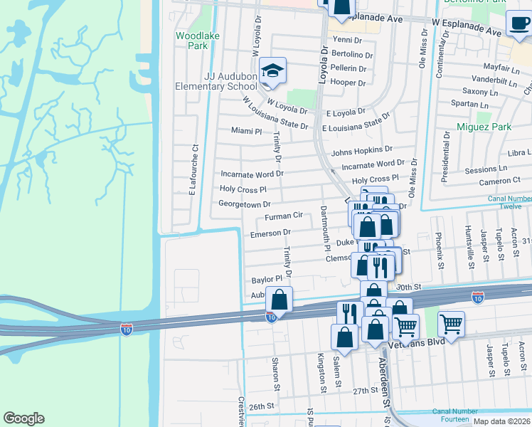 map of restaurants, bars, coffee shops, grocery stores, and more near 15 Furman Circle in Kenner