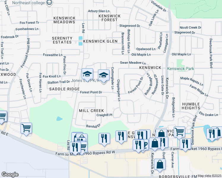 map of restaurants, bars, coffee shops, grocery stores, and more near 20002 Cottonglade Lane in Humble