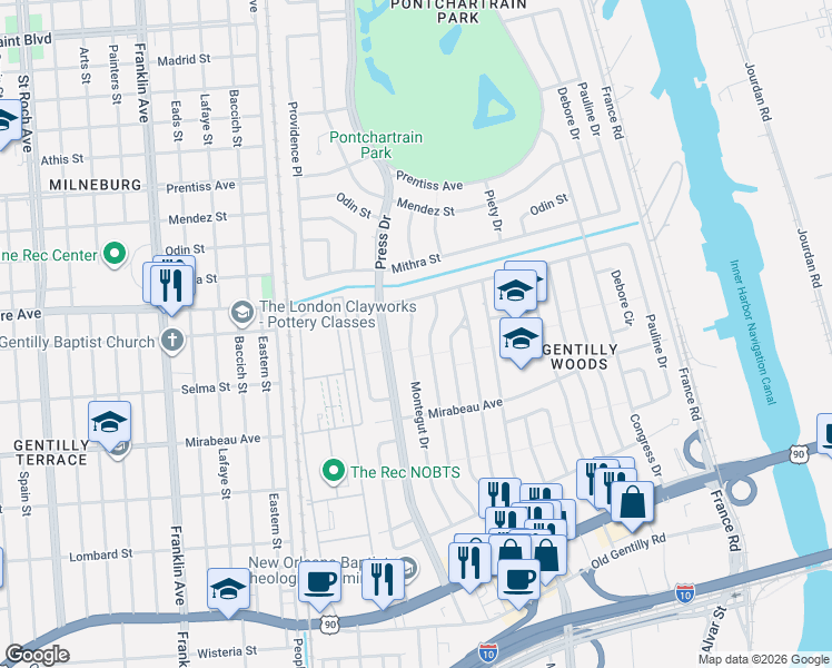 map of restaurants, bars, coffee shops, grocery stores, and more near 5101 Press Drive in New Orleans