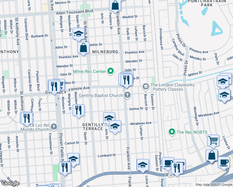 map of restaurants, bars, coffee shops, grocery stores, and more near 2512 Dreux Avenue in New Orleans