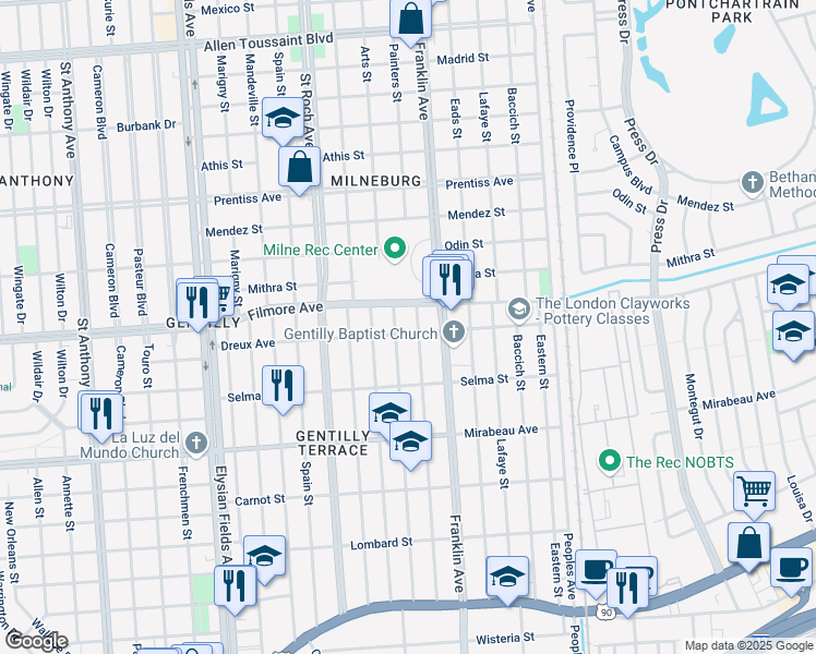 map of restaurants, bars, coffee shops, grocery stores, and more near 2512 Dreux Avenue in New Orleans
