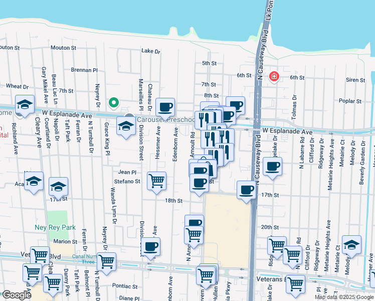 map of restaurants, bars, coffee shops, grocery stores, and more near 3520 North Arnoult Road in Metairie