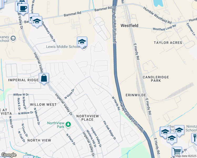 map of restaurants, bars, coffee shops, grocery stores, and more near 16371 Royal Stone Lane in Houston