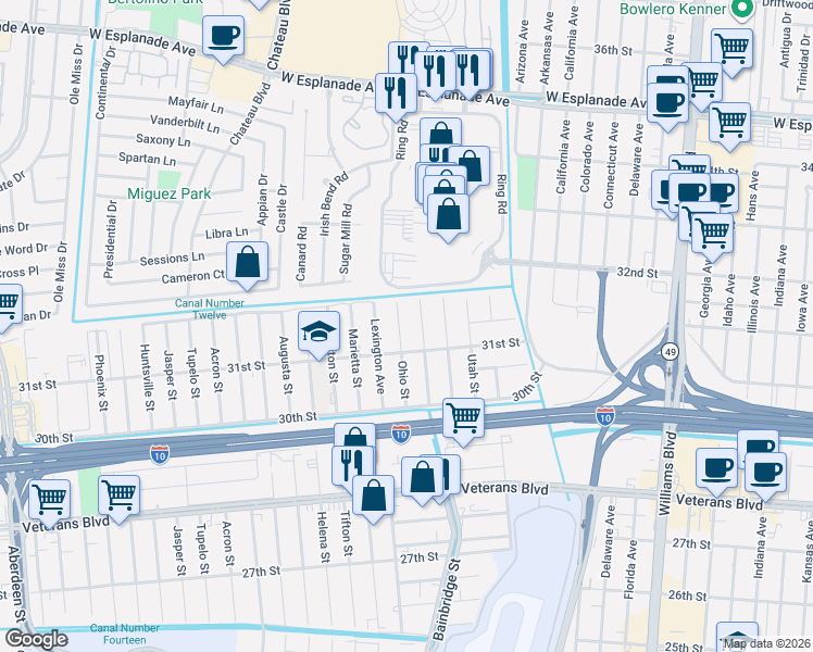 map of restaurants, bars, coffee shops, grocery stores, and more near 3117 Bainbridge Street in Kenner