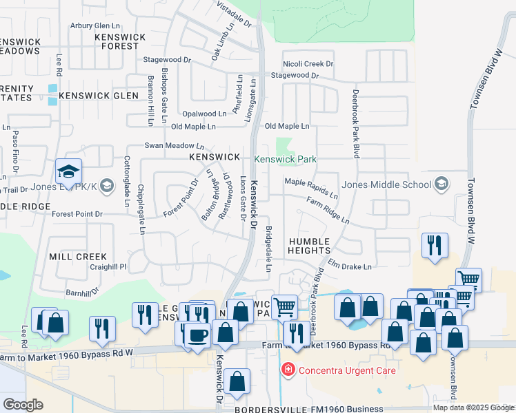 map of restaurants, bars, coffee shops, grocery stores, and more near 19930 Lions Gate Drive in Humble