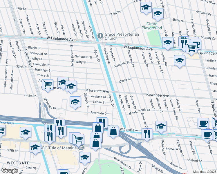 map of restaurants, bars, coffee shops, grocery stores, and more near 3801 Apollo Drive in Metairie