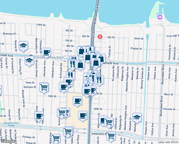 map of restaurants, bars, coffee shops, grocery stores, and more near 3446 North Causeway Boulevard in Metairie
