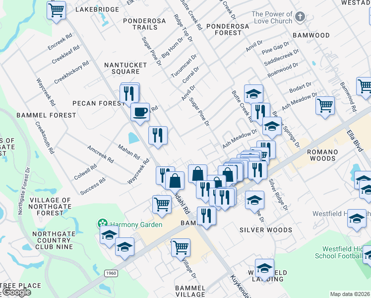 map of restaurants, bars, coffee shops, grocery stores, and more near 17303 Ponderosa Pines Drive in Houston