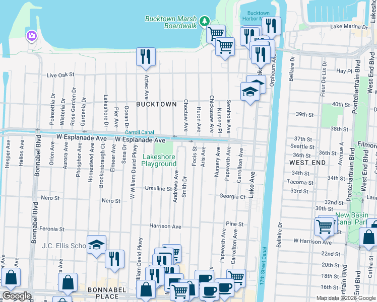 map of restaurants, bars, coffee shops, grocery stores, and more near 1434 Focis Street in Metairie