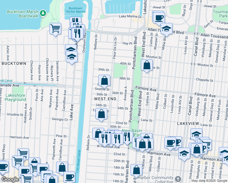 map of restaurants, bars, coffee shops, grocery stores, and more near 6574 Fleur De Lis Drive in New Orleans