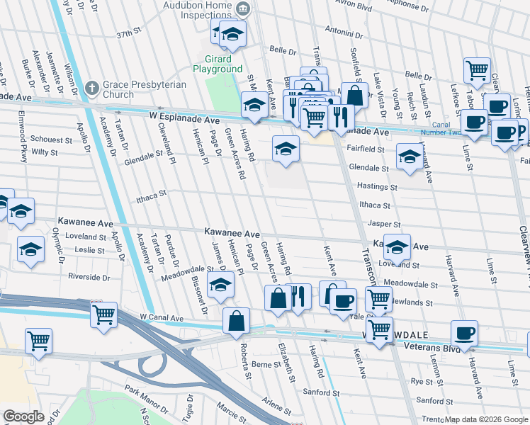 map of restaurants, bars, coffee shops, grocery stores, and more near 3816 Haring Road in Metairie
