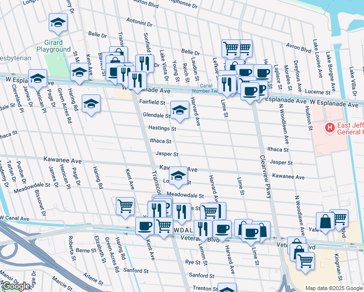 map of restaurants, bars, coffee shops, grocery stores, and more near 4833 Jasper Street in Metairie