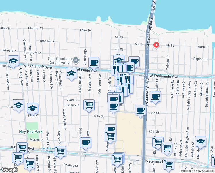 map of restaurants, bars, coffee shops, grocery stores, and more near 3520 North Arnoult Road in Metairie