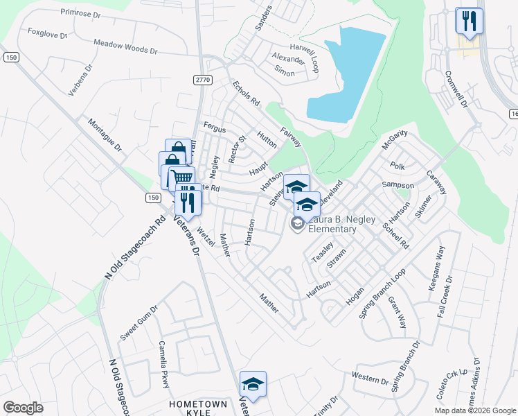 map of restaurants, bars, coffee shops, grocery stores, and more near 5912 Steiner in Kyle