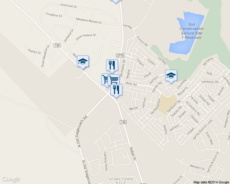 map of restaurants, bars, coffee shops, grocery stores, and more near Kirkham Circle in Kyle