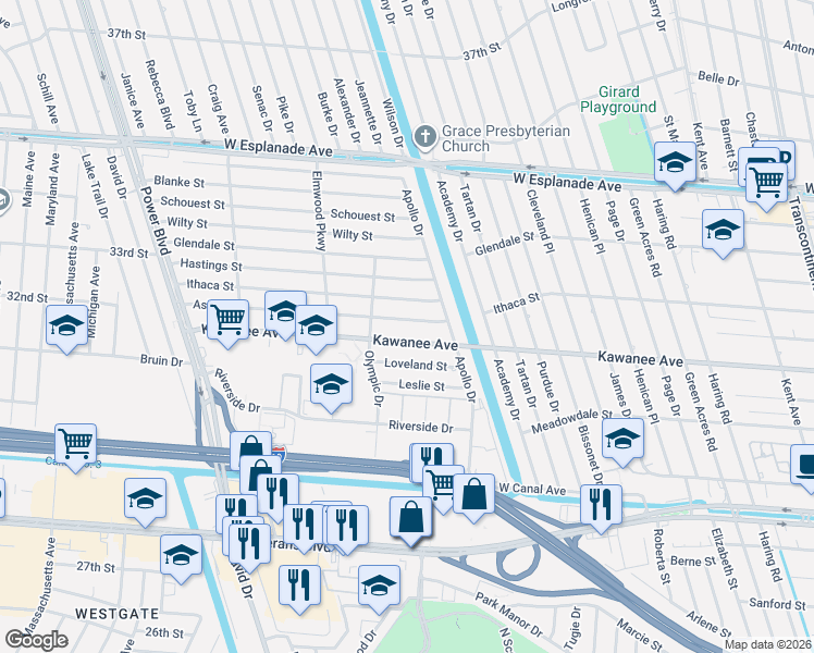 map of restaurants, bars, coffee shops, grocery stores, and more near 6420 Kawanee Avenue in Metairie
