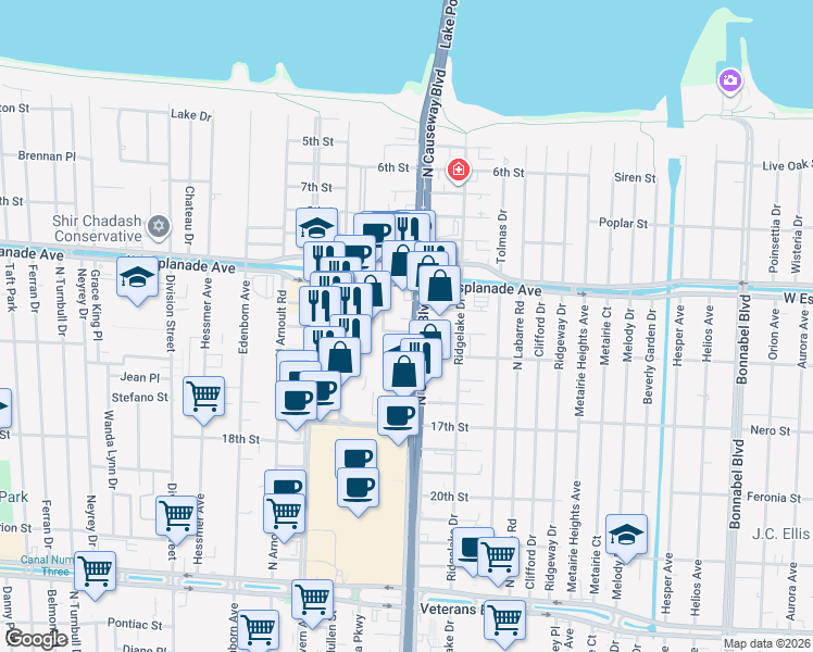 map of restaurants, bars, coffee shops, grocery stores, and more near 3200-3298 Melvil Dewey Dr in Metairie