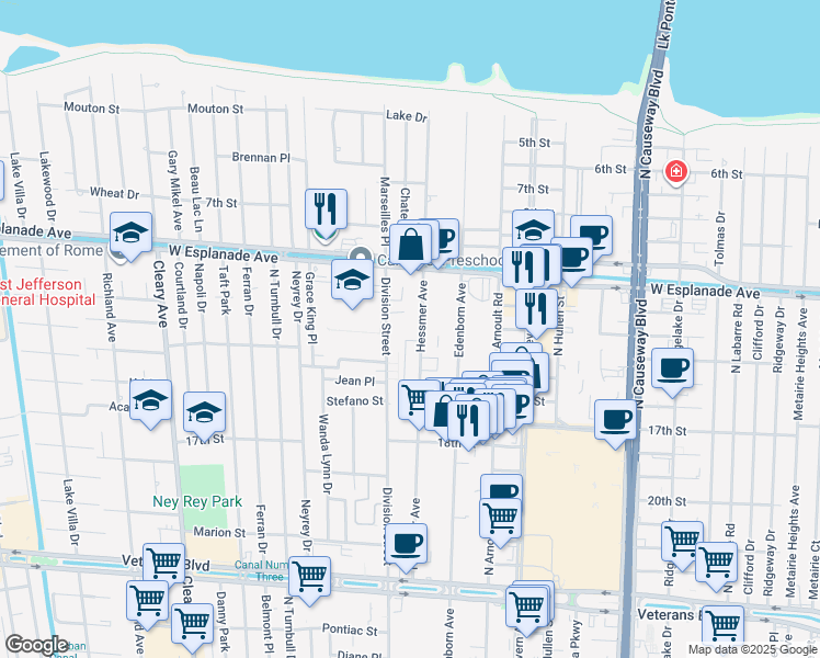 map of restaurants, bars, coffee shops, grocery stores, and more near 4202 Hessmer Avenue in Metairie