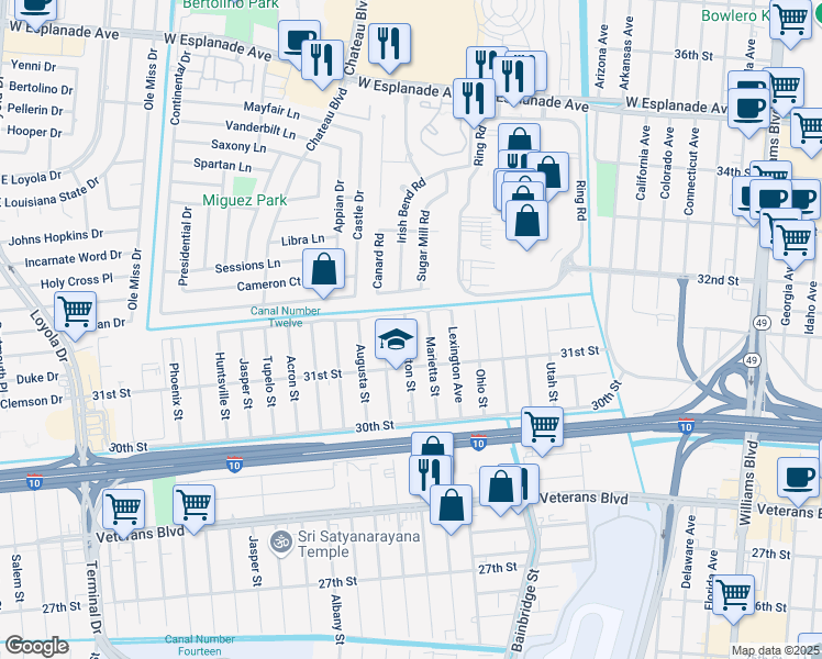 map of restaurants, bars, coffee shops, grocery stores, and more near 3142 Tifton Street in Kenner