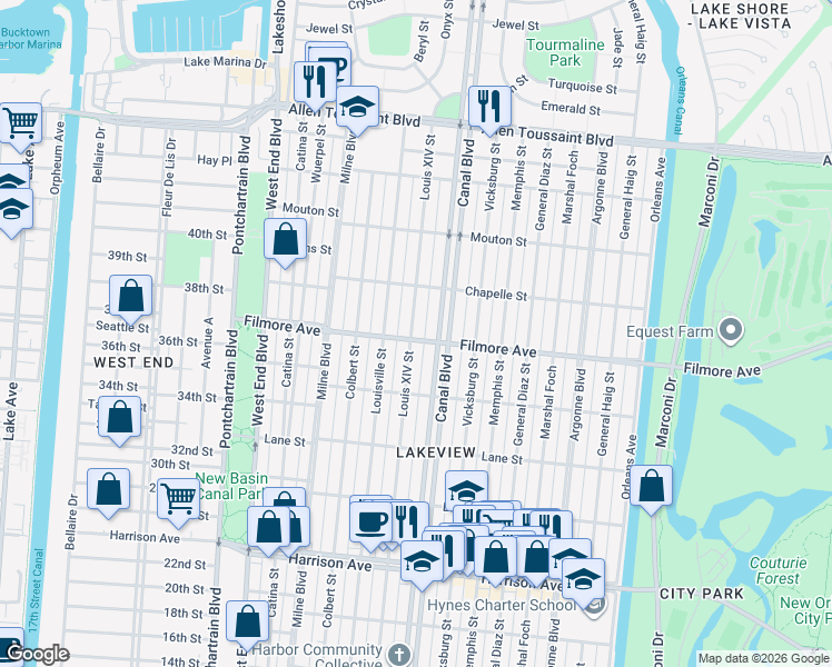 map of restaurants, bars, coffee shops, grocery stores, and more near 610 Filmore Avenue in New Orleans