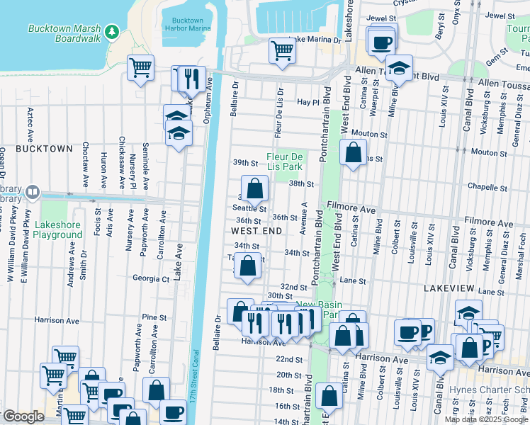 map of restaurants, bars, coffee shops, grocery stores, and more near 6622 Fleur De Lis Drive in New Orleans