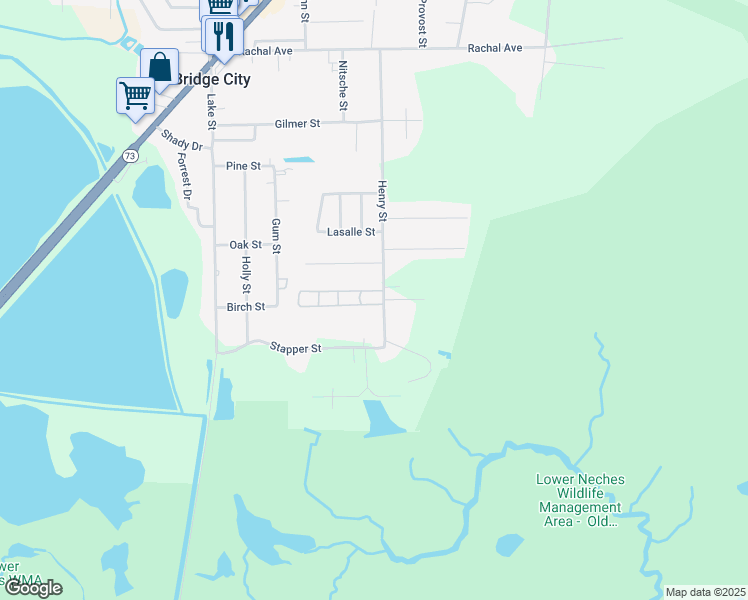 map of restaurants, bars, coffee shops, grocery stores, and more near 600 Henry Street in Bridge City