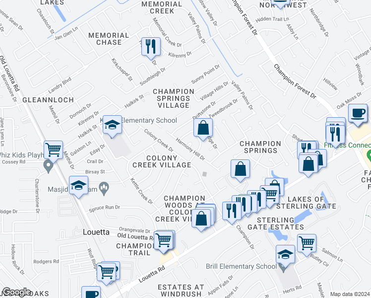 map of restaurants, bars, coffee shops, grocery stores, and more near 17219 Harmony Hill Drive in Spring
